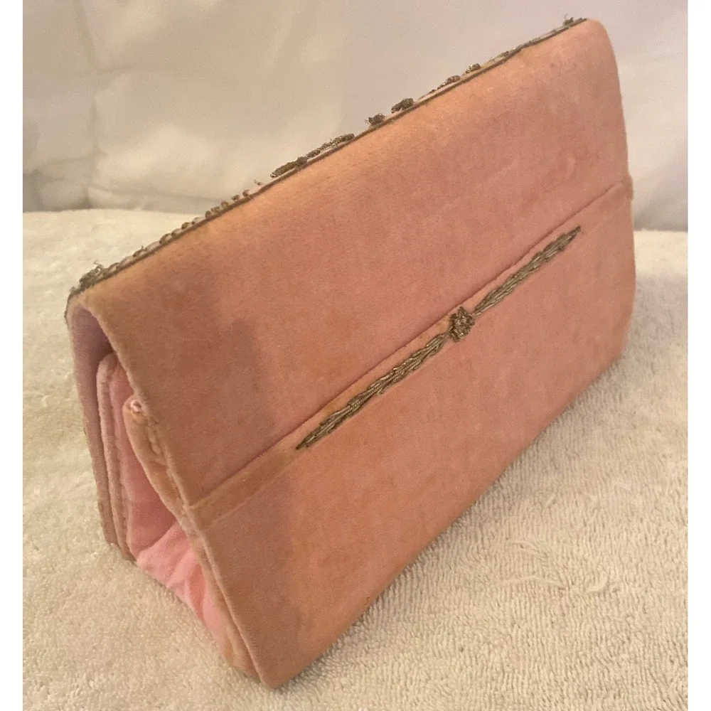 Vintage Pink Velvet Zardozi Gold Embroidered Clutch Bag India Evening Purse